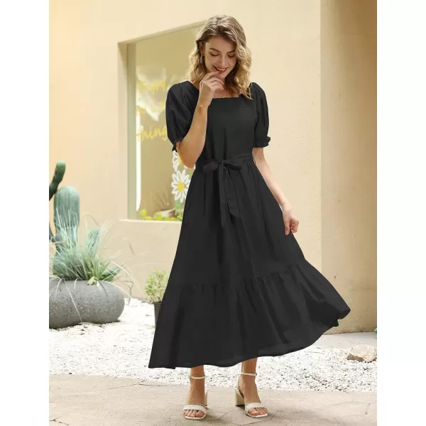 YESNO Womens 2023 Summer Casual Square Neck Floral Dress Ruffle Puff Short Sleeve Belted Maxi Dress with Pockets E16E16 Black