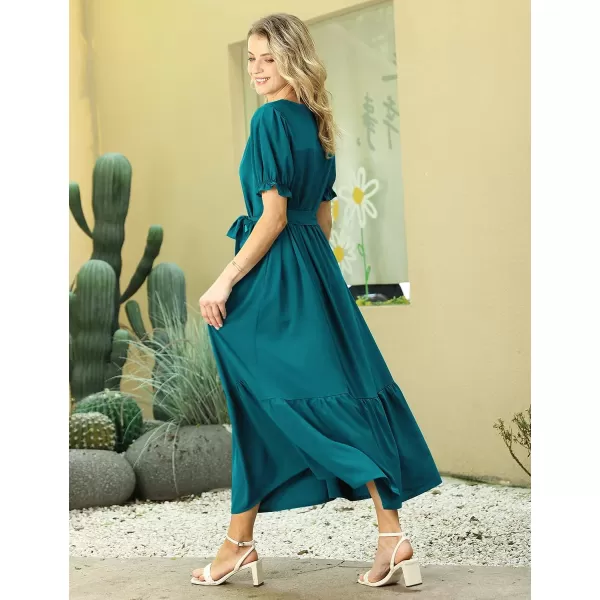 YESNO Womens 2023 Summer Casual Square Neck Floral Dress Ruffle Puff Short Sleeve Belted Maxi Dress with Pockets E16E16 Dark Cyan