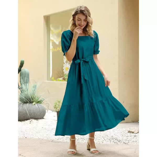 YESNO Womens 2023 Summer Casual Square Neck Floral Dress Ruffle Puff Short Sleeve Belted Maxi Dress with Pockets E16E16 Dark Cyan