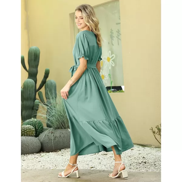 YESNO Womens 2023 Summer Casual Square Neck Floral Dress Ruffle Puff Short Sleeve Belted Maxi Dress with Pockets E16E16 Pea Green