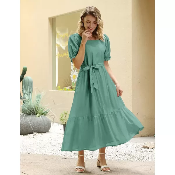 YESNO Womens 2023 Summer Casual Square Neck Floral Dress Ruffle Puff Short Sleeve Belted Maxi Dress with Pockets E16E16 Pea Green