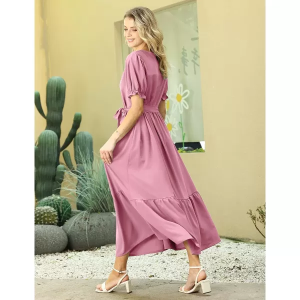 YESNO Womens 2023 Summer Casual Square Neck Floral Dress Ruffle Puff Short Sleeve Belted Maxi Dress with Pockets E16E16 Pea Purple