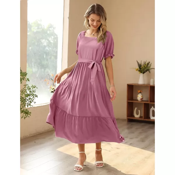 YESNO Womens 2023 Summer Casual Square Neck Floral Dress Ruffle Puff Short Sleeve Belted Maxi Dress with Pockets E16E16 Pea Purple