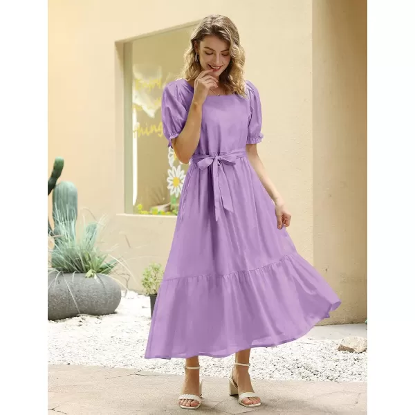 YESNO Womens 2023 Summer Casual Square Neck Floral Dress Ruffle Puff Short Sleeve Belted Maxi Dress with Pockets E16E16 Purple