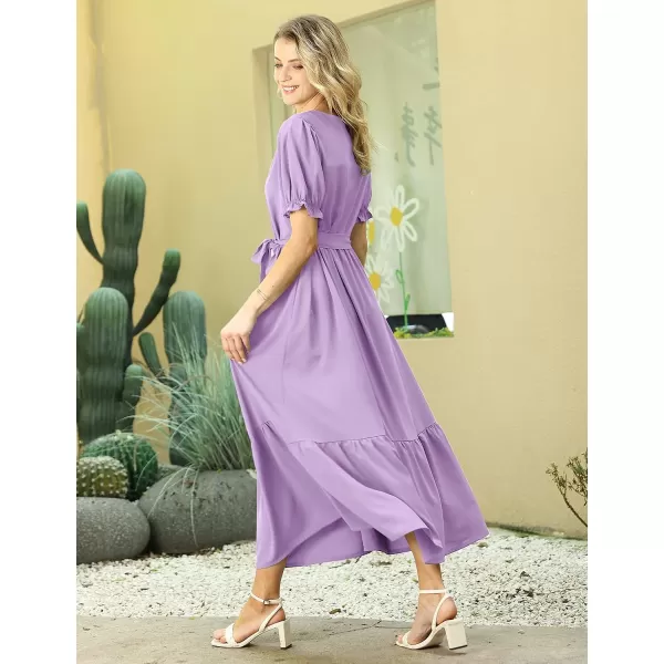 YESNO Womens 2023 Summer Casual Square Neck Floral Dress Ruffle Puff Short Sleeve Belted Maxi Dress with Pockets E16E16 Purple