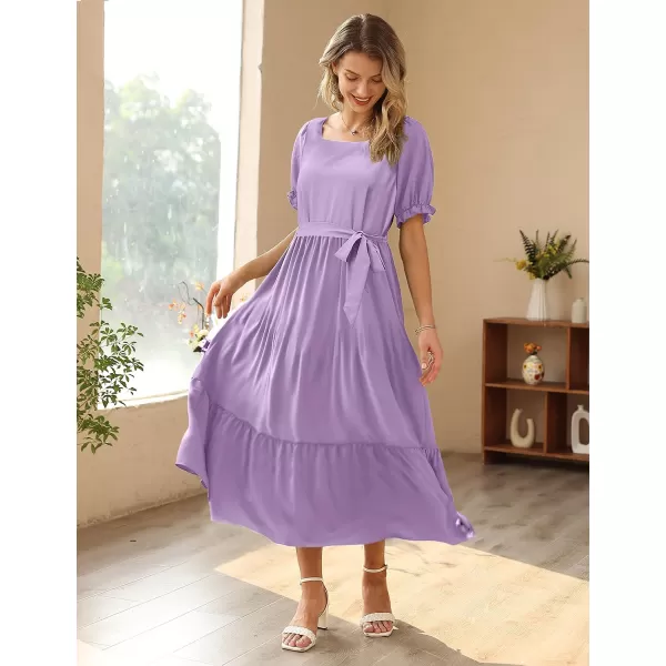 YESNO Womens 2023 Summer Casual Square Neck Floral Dress Ruffle Puff Short Sleeve Belted Maxi Dress with Pockets E16E16 Purple