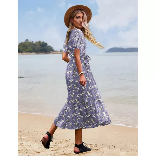 YESNO Womens 2023 Summer Casual Square Neck Floral Dress Ruffle Puff Short Sleeve Belted Maxi Dress with Pockets E16E16 as Picture08