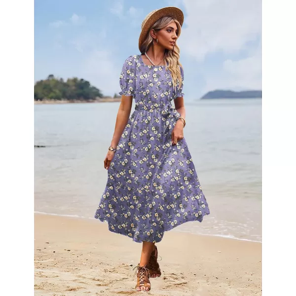 YESNO Womens 2023 Summer Casual Square Neck Floral Dress Ruffle Puff Short Sleeve Belted Maxi Dress with Pockets E16E16 as Picture08