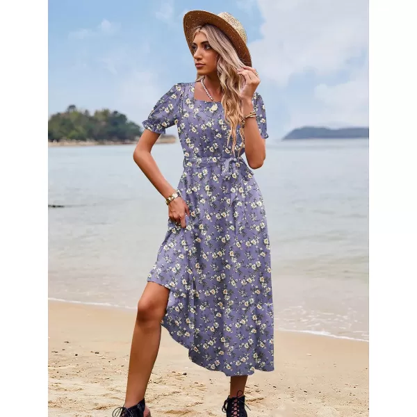 YESNO Womens 2023 Summer Casual Square Neck Floral Dress Ruffle Puff Short Sleeve Belted Maxi Dress with Pockets E16E16 as Picture08