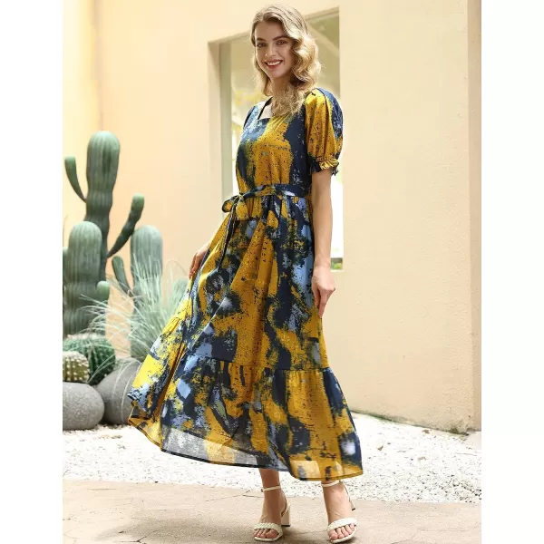 YESNO Womens 2023 Summer Casual Square Neck Floral Dress Ruffle Puff Short Sleeve Belted Maxi Dress with Pockets E16E16 as Picture141