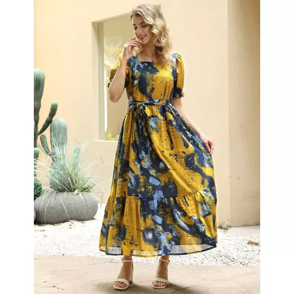 YESNO Womens 2023 Summer Casual Square Neck Floral Dress Ruffle Puff Short Sleeve Belted Maxi Dress with Pockets E16E16 as Picture141