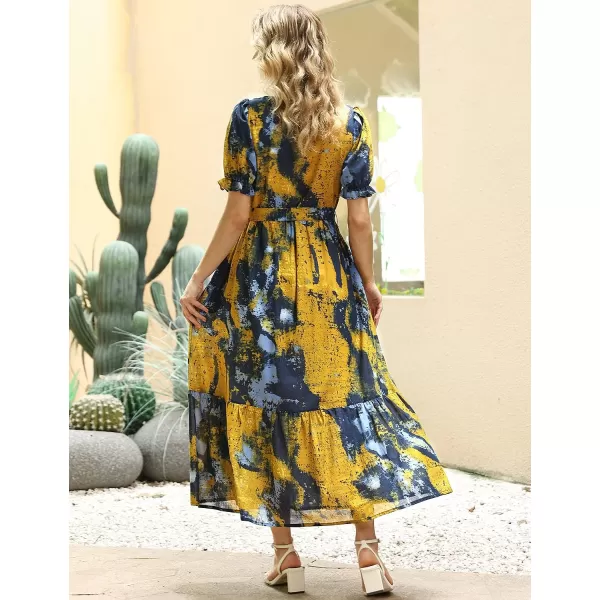 YESNO Womens 2023 Summer Casual Square Neck Floral Dress Ruffle Puff Short Sleeve Belted Maxi Dress with Pockets E16E16 as Picture141