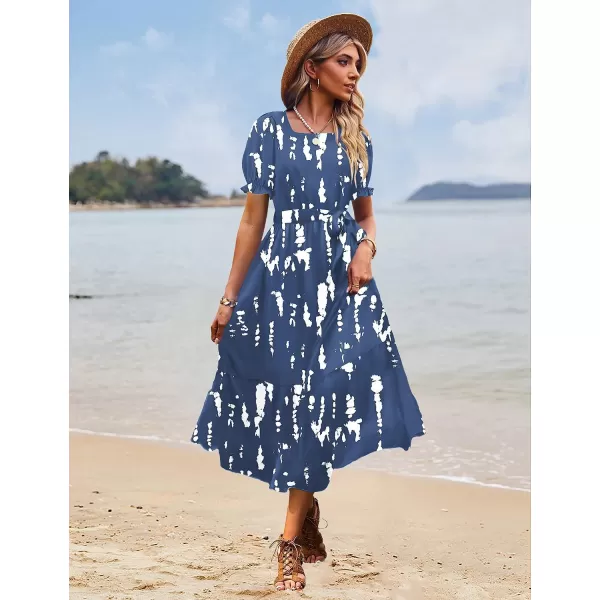 YESNO Womens 2023 Summer Casual Square Neck Floral Dress Ruffle Puff Short Sleeve Belted Maxi Dress with Pockets E16E16 as Picture147