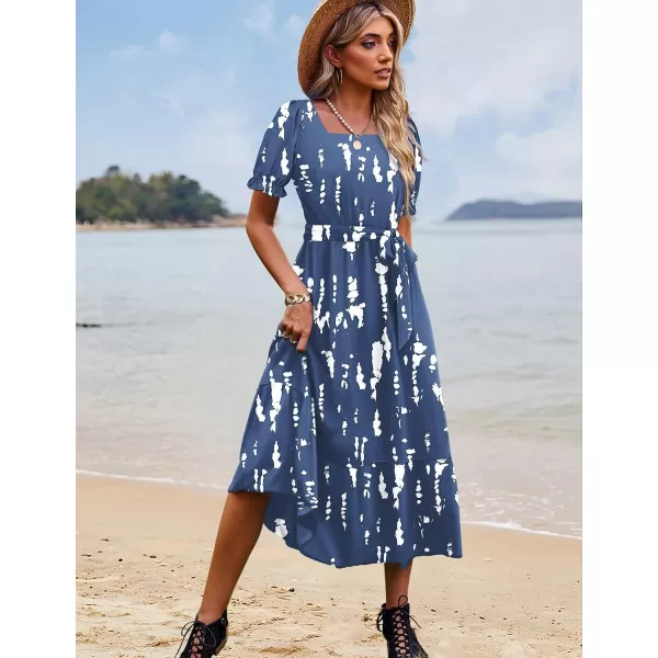 YESNO Womens 2023 Summer Casual Square Neck Floral Dress Ruffle Puff Short Sleeve Belted Maxi Dress with Pockets E16E16 as Picture147