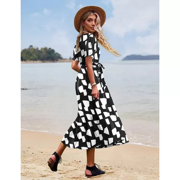 YESNO Womens 2023 Summer Casual Square Neck Floral Dress Ruffle Puff Short Sleeve Belted Maxi Dress with Pockets E16E16 as Picture162