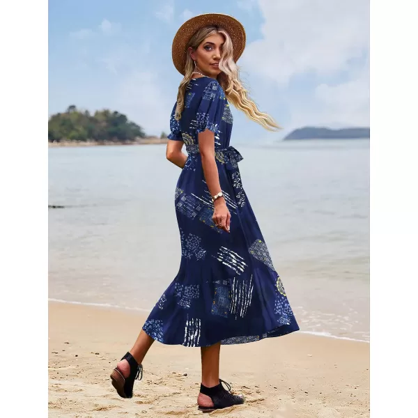 YESNO Womens 2023 Summer Casual Square Neck Floral Dress Ruffle Puff Short Sleeve Belted Maxi Dress with Pockets E16E16 as Picture176