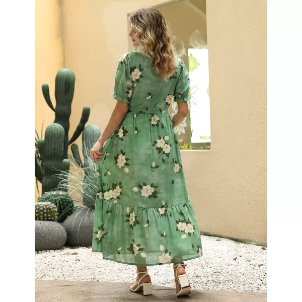 YESNO Womens 2023 Summer Casual Square Neck Floral Dress Ruffle Puff Short Sleeve Belted Maxi Dress with Pockets E16E16 as Picture19