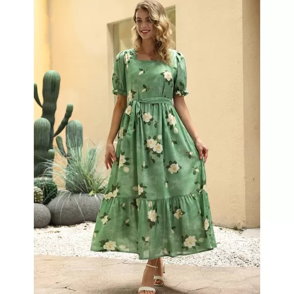 YESNO Womens 2023 Summer Casual Square Neck Floral Dress Ruffle Puff Short Sleeve Belted Maxi Dress with Pockets E16E16 as Picture19