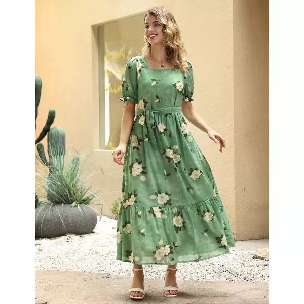 YESNO Womens 2023 Summer Casual Square Neck Floral Dress Ruffle Puff Short Sleeve Belted Maxi Dress with Pockets E16E16 as Picture19