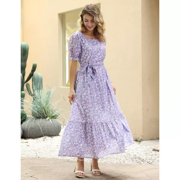 YESNO Womens 2023 Summer Casual Square Neck Floral Dress Ruffle Puff Short Sleeve Belted Maxi Dress with Pockets E16E16 as Picture345