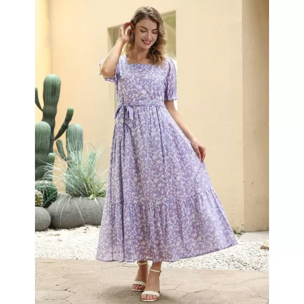 YESNO Womens 2023 Summer Casual Square Neck Floral Dress Ruffle Puff Short Sleeve Belted Maxi Dress with Pockets E16E16 as Picture345