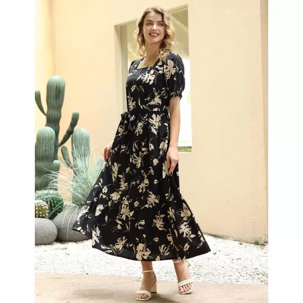 YESNO Womens 2023 Summer Casual Square Neck Floral Dress Ruffle Puff Short Sleeve Belted Maxi Dress with Pockets E16E16 as Picture346