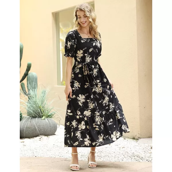 YESNO Womens 2023 Summer Casual Square Neck Floral Dress Ruffle Puff Short Sleeve Belted Maxi Dress with Pockets E16E16 as Picture346