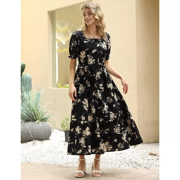 YESNO Womens 2023 Summer Casual Square Neck Floral Dress Ruffle Puff Short Sleeve Belted Maxi Dress with Pockets E16E16 as Picture346