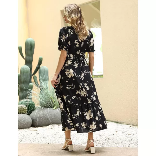 YESNO Womens 2023 Summer Casual Square Neck Floral Dress Ruffle Puff Short Sleeve Belted Maxi Dress with Pockets E16E16 as Picture346