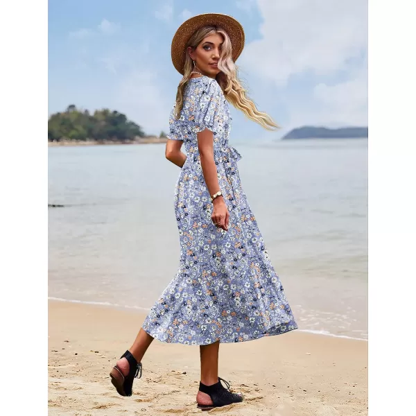 YESNO Womens 2023 Summer Casual Square Neck Floral Dress Ruffle Puff Short Sleeve Belted Maxi Dress with Pockets E16E16 as Picture347