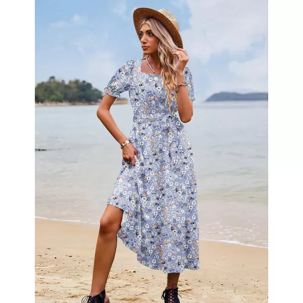 YESNO Womens 2023 Summer Casual Square Neck Floral Dress Ruffle Puff Short Sleeve Belted Maxi Dress with Pockets E16E16 as Picture347