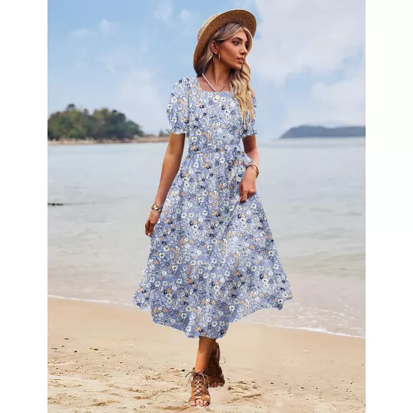 YESNO Womens 2023 Summer Casual Square Neck Floral Dress Ruffle Puff Short Sleeve Belted Maxi Dress with Pockets E16E16 as Picture347