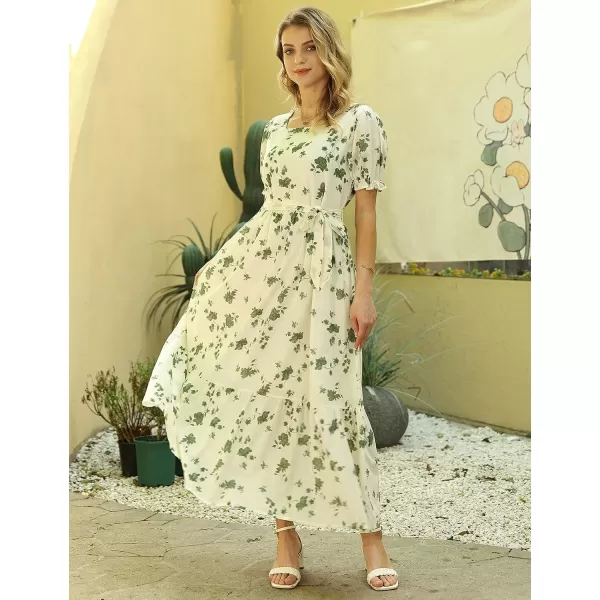 YESNO Womens 2023 Summer Casual Square Neck Floral Dress Ruffle Puff Short Sleeve Belted Maxi Dress with Pockets E16E16 as Picture355