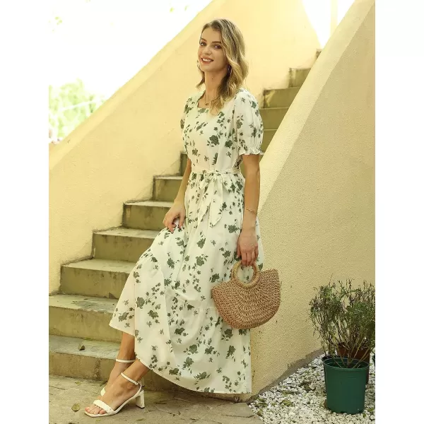 YESNO Womens 2023 Summer Casual Square Neck Floral Dress Ruffle Puff Short Sleeve Belted Maxi Dress with Pockets E16E16 as Picture355