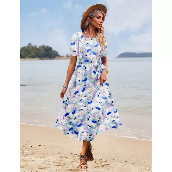 YESNO Womens 2023 Summer Casual Square Neck Floral Dress Ruffle Puff Short Sleeve Belted Maxi Dress with Pockets E16E16 as Picture357