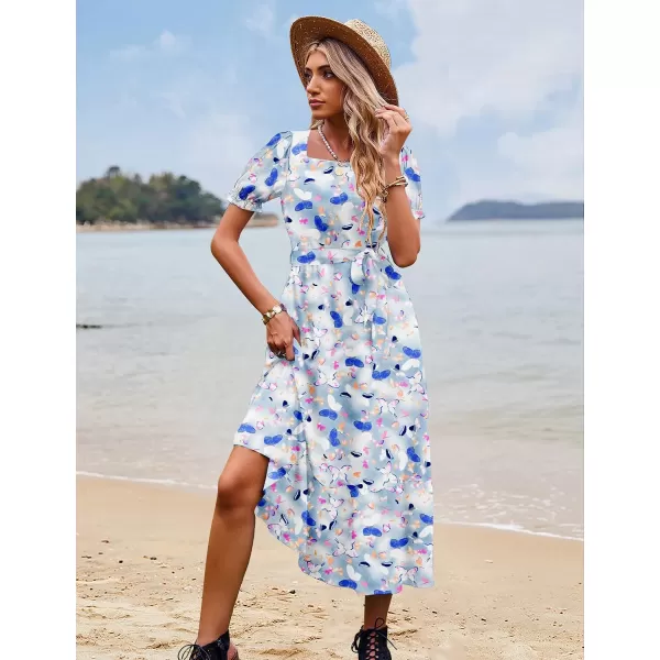 YESNO Womens 2023 Summer Casual Square Neck Floral Dress Ruffle Puff Short Sleeve Belted Maxi Dress with Pockets E16E16 as Picture357