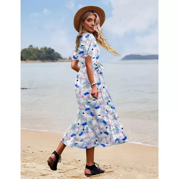 YESNO Womens 2023 Summer Casual Square Neck Floral Dress Ruffle Puff Short Sleeve Belted Maxi Dress with Pockets E16E16 as Picture357