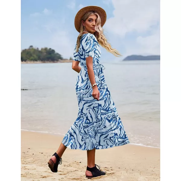 YESNO Womens 2023 Summer Casual Square Neck Floral Dress Ruffle Puff Short Sleeve Belted Maxi Dress with Pockets E16E16 as Picture369