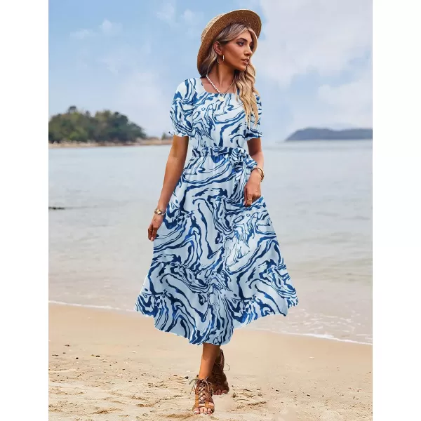 YESNO Womens 2023 Summer Casual Square Neck Floral Dress Ruffle Puff Short Sleeve Belted Maxi Dress with Pockets E16E16 as Picture369