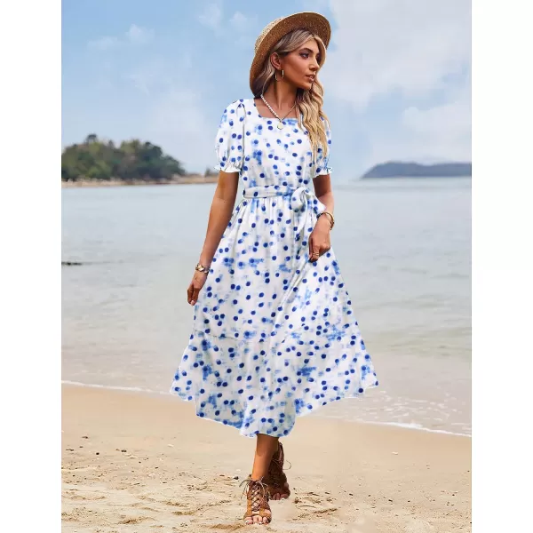 YESNO Womens 2023 Summer Casual Square Neck Floral Dress Ruffle Puff Short Sleeve Belted Maxi Dress with Pockets E16E16 as Picture371