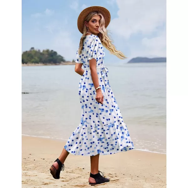 YESNO Womens 2023 Summer Casual Square Neck Floral Dress Ruffle Puff Short Sleeve Belted Maxi Dress with Pockets E16E16 as Picture371