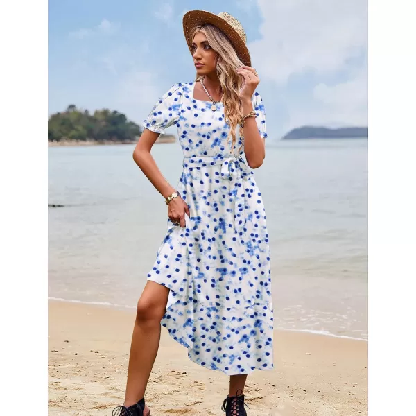 YESNO Womens 2023 Summer Casual Square Neck Floral Dress Ruffle Puff Short Sleeve Belted Maxi Dress with Pockets E16E16 as Picture371