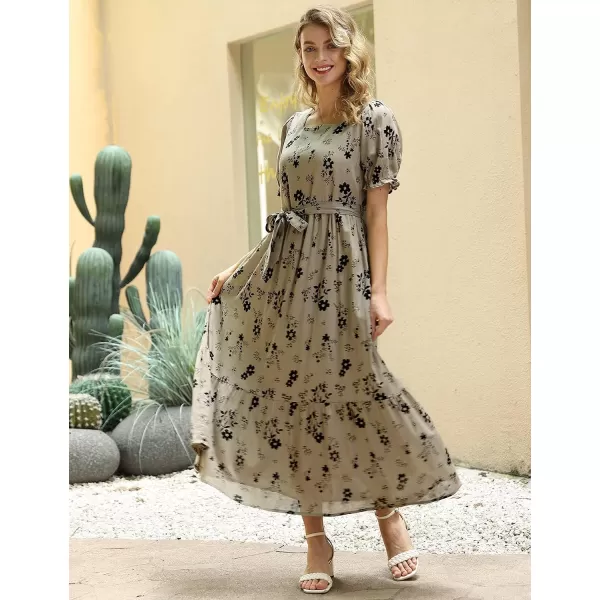YESNO Womens 2023 Summer Casual Square Neck Floral Dress Ruffle Puff Short Sleeve Belted Maxi Dress with Pockets E16E16 as Picture373