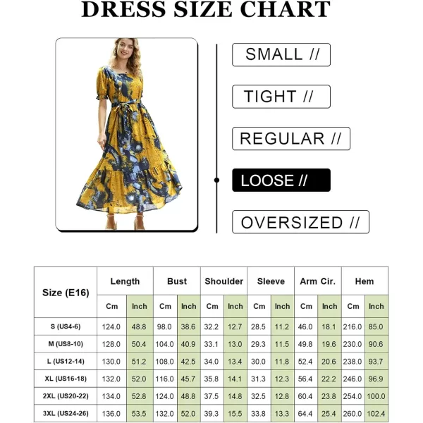 YESNO Womens 2023 Summer Casual Square Neck Floral Dress Ruffle Puff Short Sleeve Belted Maxi Dress with Pockets E16E16 as Picture373