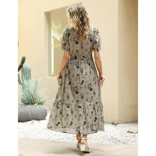 YESNO Womens 2023 Summer Casual Square Neck Floral Dress Ruffle Puff Short Sleeve Belted Maxi Dress with Pockets E16E16 as Picture373
