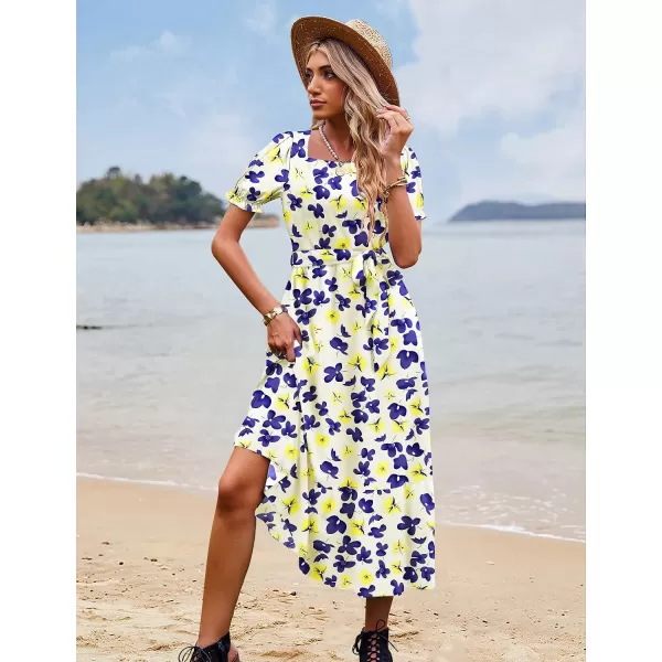 YESNO Womens 2023 Summer Casual Square Neck Floral Dress Ruffle Puff Short Sleeve Belted Maxi Dress with Pockets E16E16 as Picture375