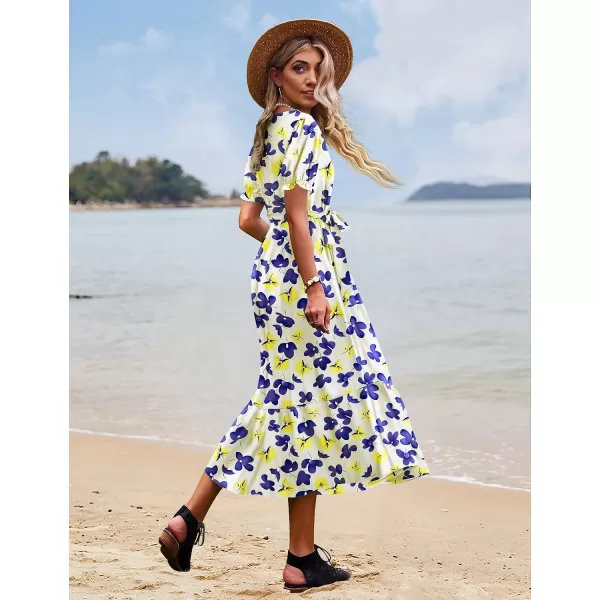 YESNO Womens 2023 Summer Casual Square Neck Floral Dress Ruffle Puff Short Sleeve Belted Maxi Dress with Pockets E16E16 as Picture375