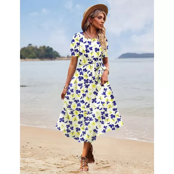 YESNO Womens 2023 Summer Casual Square Neck Floral Dress Ruffle Puff Short Sleeve Belted Maxi Dress with Pockets E16E16 as Picture375