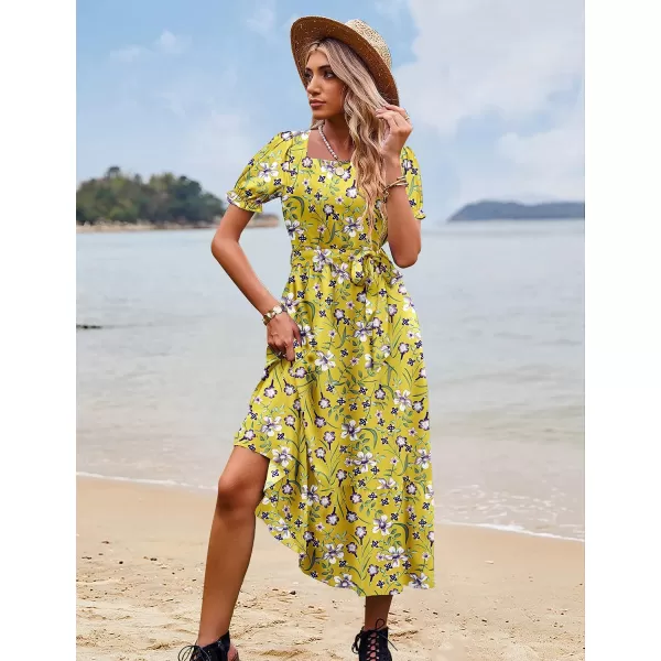 YESNO Womens 2023 Summer Casual Square Neck Floral Dress Ruffle Puff Short Sleeve Belted Maxi Dress with Pockets E16E16 as Picture389