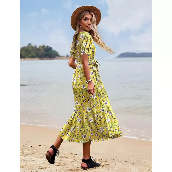 YESNO Womens 2023 Summer Casual Square Neck Floral Dress Ruffle Puff Short Sleeve Belted Maxi Dress with Pockets E16E16 as Picture389